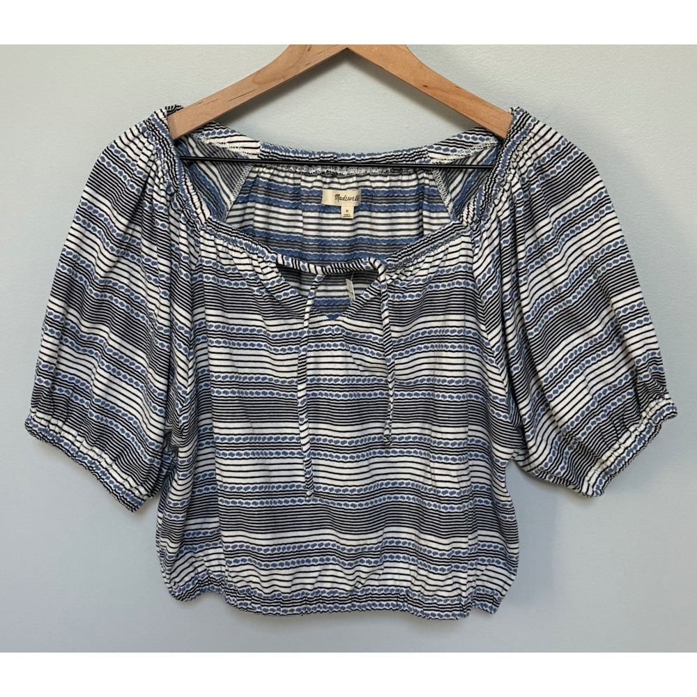 NWT Madewell Jacquard Striped Puff‎ Sleeve Size M Crop Top Pullover Keyhole Tue